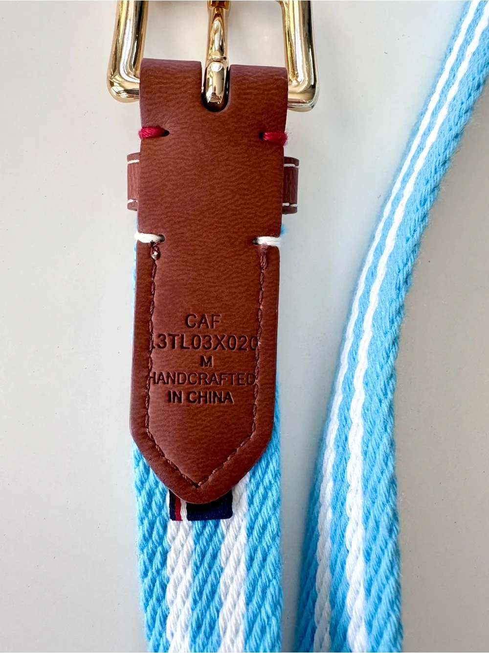 Tommy Hilfiger Striped Light Blue Belt with Brown Leather Golden Tone Buckle M